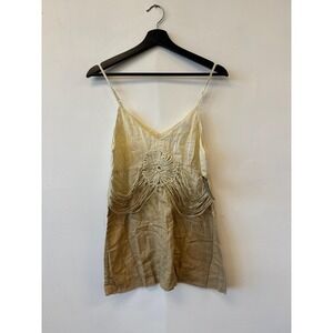 Vintage Heart Moon Star Tank Top Womens‎ Large Beige Crochet Fringe Boho Y2K